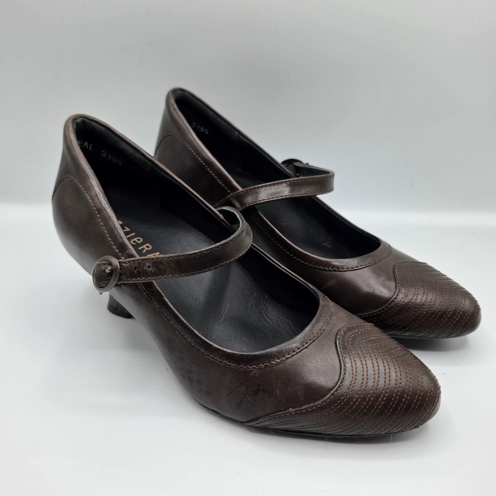 Ziera Real 3195 Dark Brown Leather Mary Jane Kitten Heels Shoes Womens 37.5 M